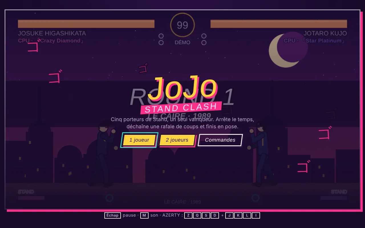 Écran titre de JoJo Stand Clash, Josuke face à Jotaro au Caire