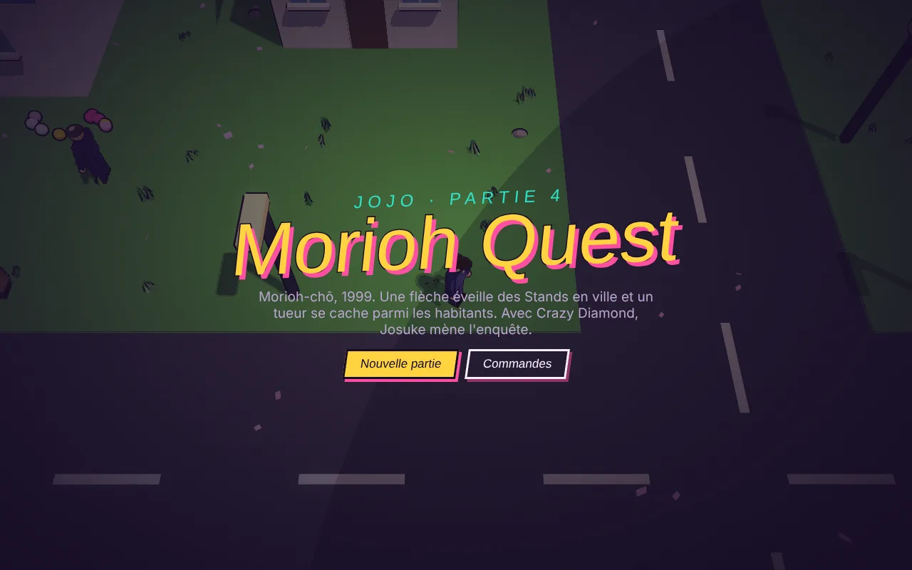 Écran titre de Morioh Quest au-dessus des rues de Morioh-chō